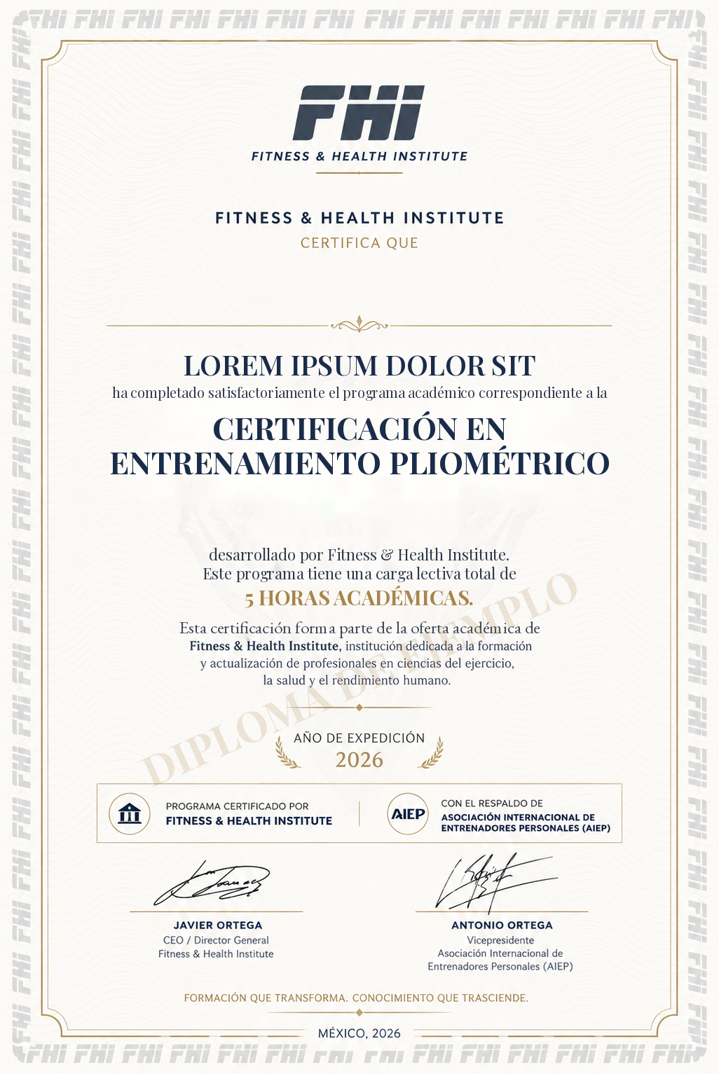 Ejemplo de diploma de la Certificación en Entrenamiento Pliométrico de FHI